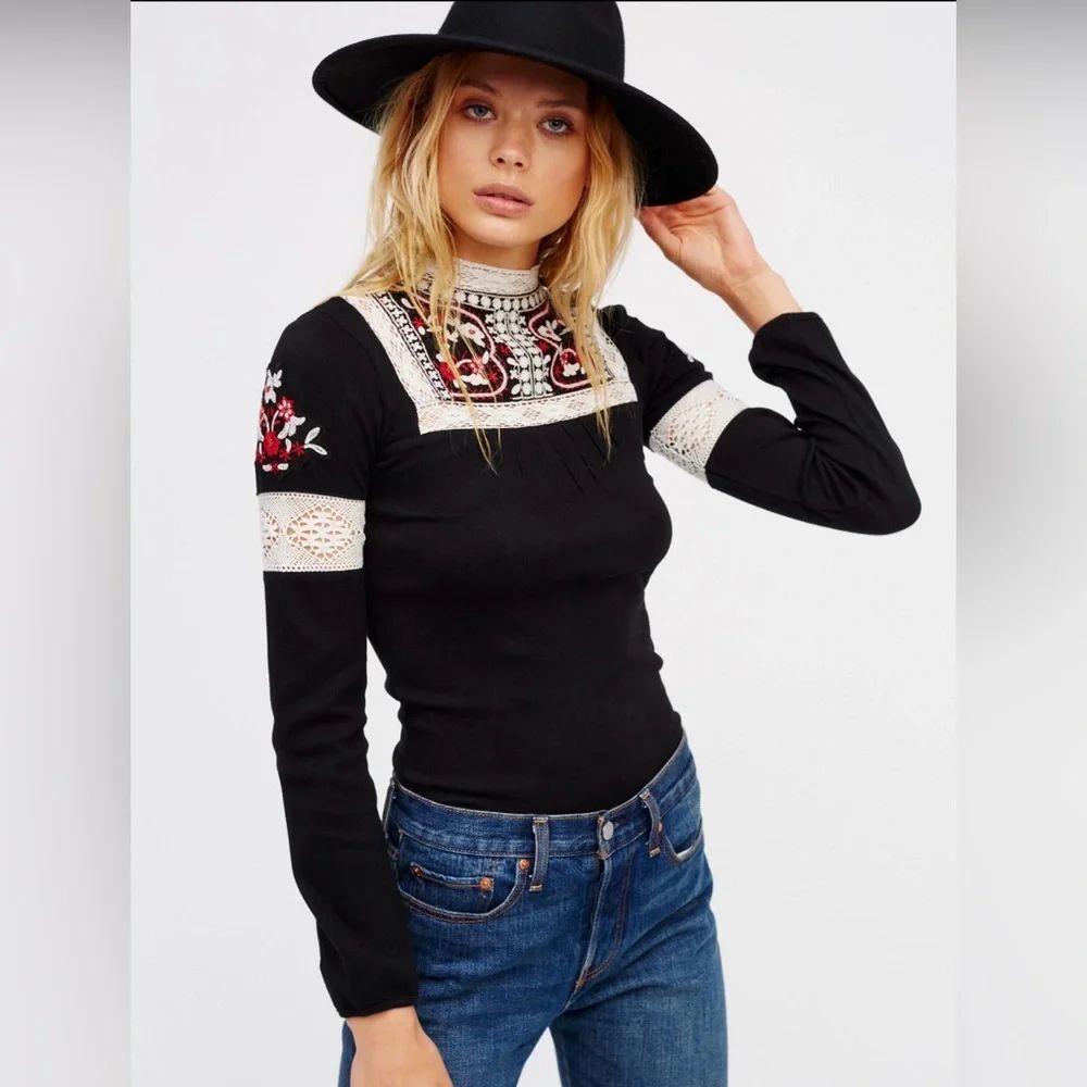 Free people cozy on up embroidered long sleeve top